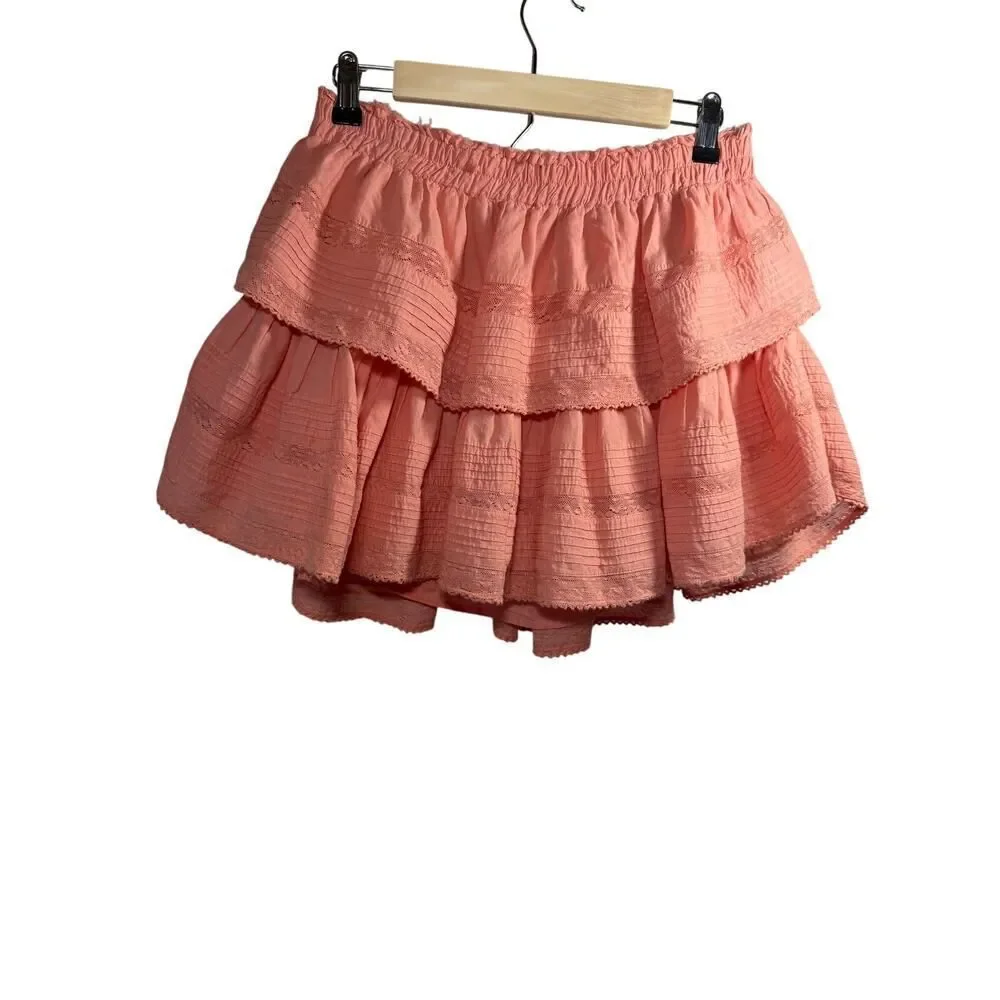 LOVESHACKFANCY Women's Lace Ruffle Tiered Mini Skirt Peach/Orange Size Large